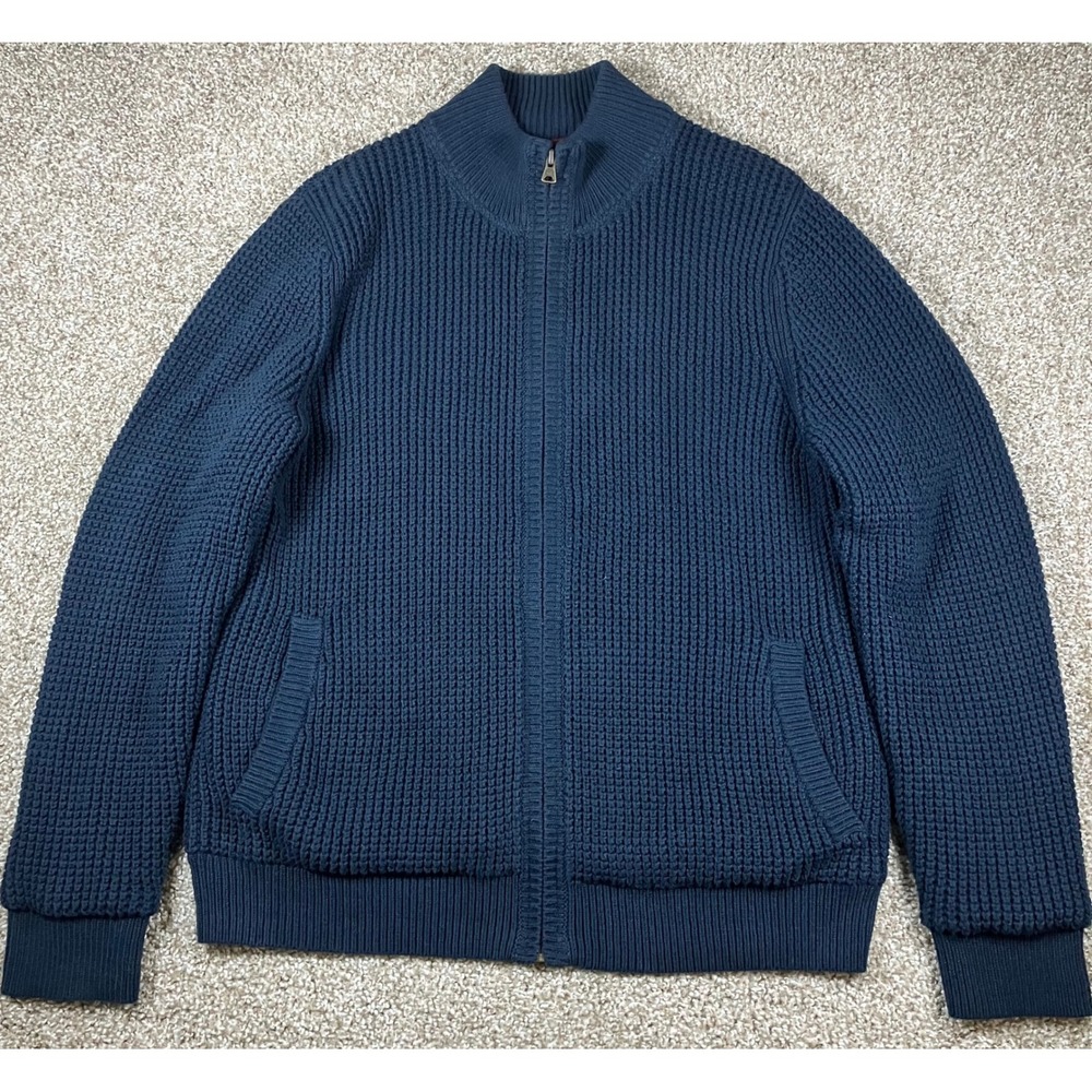 LL Bean Mens Navy Blue Full Zip Fleece Lined Waffle Knit Sweater 518215 Medium